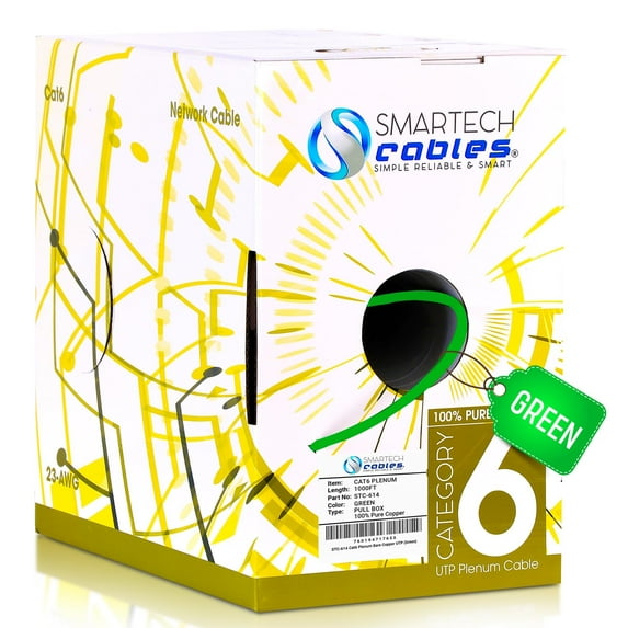 Smartech 1000ft Cat6 Plenum Cable, 23 AWG, 550MHz, UTP, Noise Reducing, Copper Green