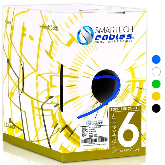 Smartech 1000ft Cat6 Plenum Cable, 23 AWG, 550MHz, UTP, Noise Reducing, Copper Blue