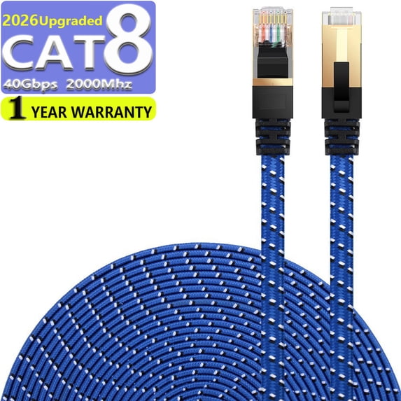 CAT8 Ethernet Cable 2m High Speed Nylon LAN Network Patch Cat8 Cable 40Gbps 2000Mhz SFTP LAN Wires RJ45 Blue 2m