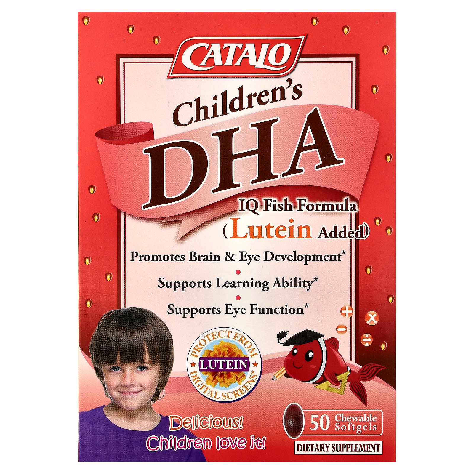 CATALO Children's DHA IQ Fish Formula, Lutein Added, Strawberry, 50 Chewable Softgels