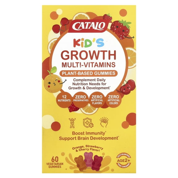 CATALO Kids Growth Multi-Vitamins, Plant Based Gummies, Age 2+, Orange, Strawberry & Cherry, 60 Vegetarian Gummies