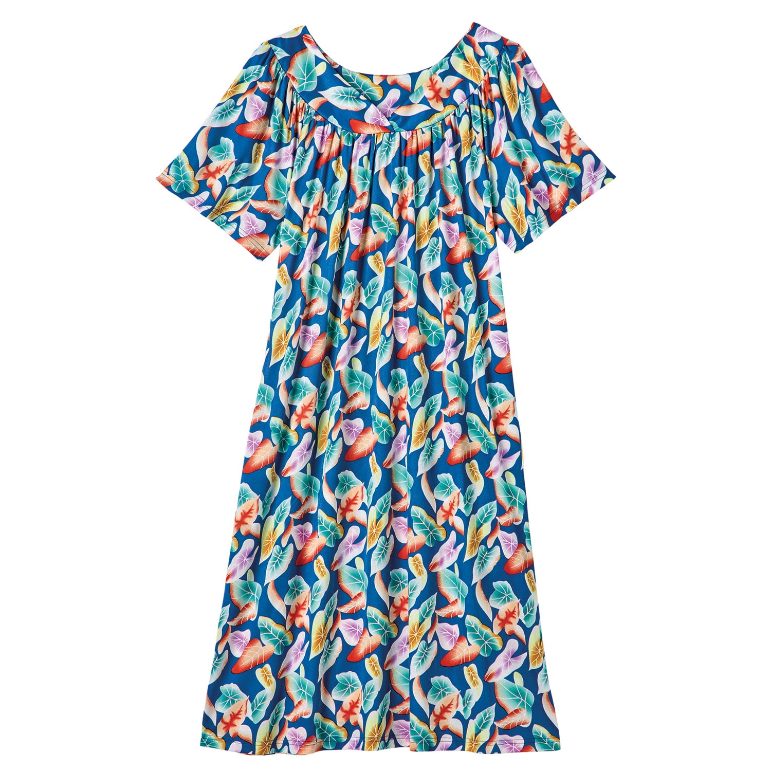 CATALOG CLASSICS Womens Muumuu House Dress Lounger Short Sleeve with pockets 42" - Blue Large