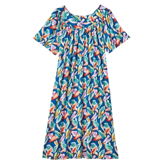CATALOG CLASSICS Womens Muumuu House Dress Lounger Short Sleeve with pockets 42" - Blue Large
