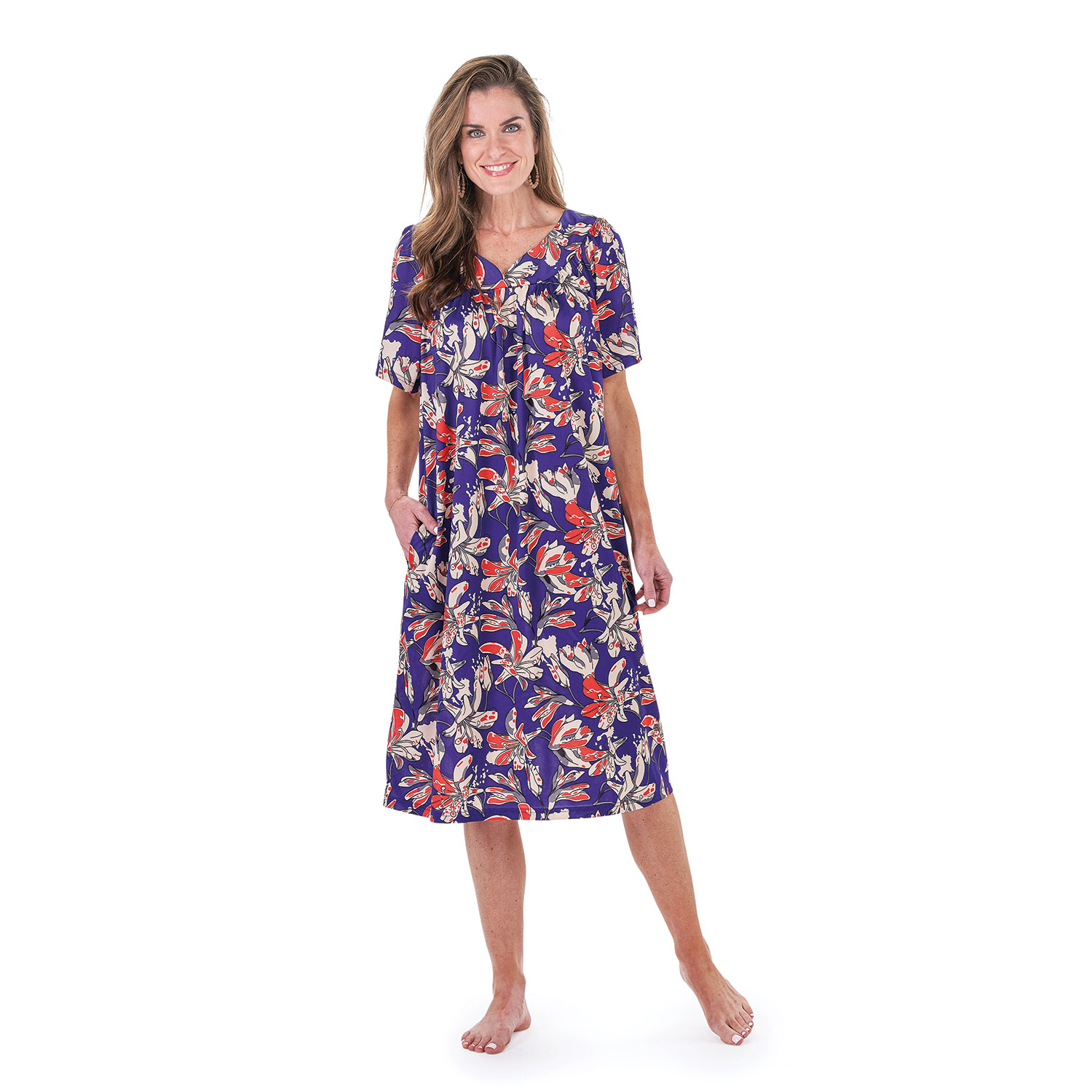 CATALOG CLASSICS Womens Muumuu House Dress Lounger Short Sleeve with pockets 42" - Purple/Red Large