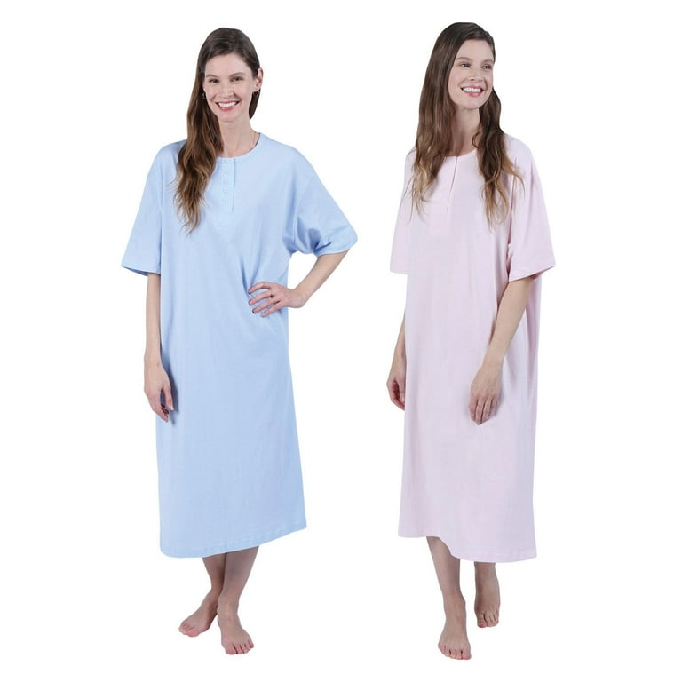 CATALOG CLASSICS Womens Nightgown Henley Night Shirt 100% Cotton Night  Gown, Blue/Pink, Missy (8-18), 46L