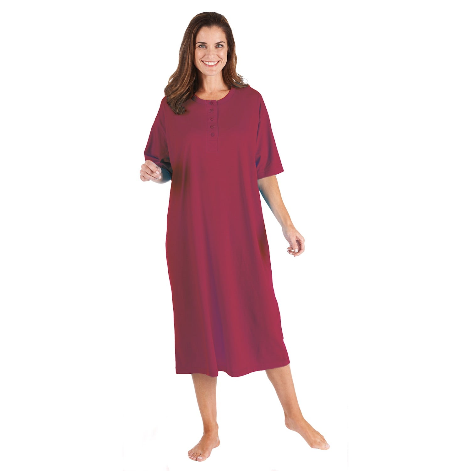 CATALOG CLASSICS Womens Nightgown Henley Night Shirt 100% Cotton Night Gown,  Green/Burgundy, Missy (8-18), 46L 