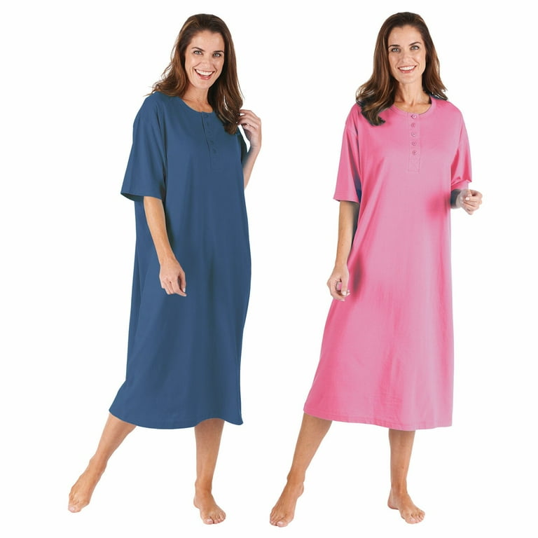 CATALOG CLASSICS Womens Nightgown Henley Night Shirt 100% Cotton Night Gown,  Navy/Fuchsia, Plus (Size 20-28), 48 L 