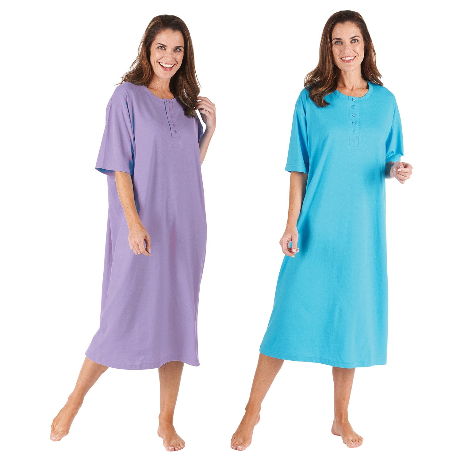 CATALOG CLASSICS Womens Nightgown Henley Night Shirt 100% Cotton Night Gown,  Purple/Turquoise, Missy (8-18), 46L 