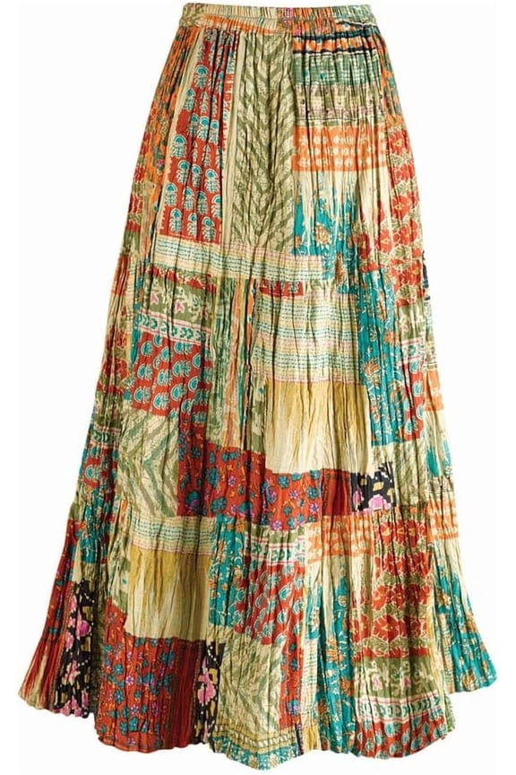 CATALOG CLASSICS Womens Reversible Boho Maxi Skirt - Patchwork Floral Long Skirt, 36" L - Gold/Green - 2X