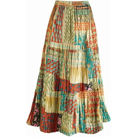 CATALOG CLASSICS Womens Reversible Boho Maxi Skirt - Patchwork Floral Long Skirt, 36" L - Gold/Green - 3X