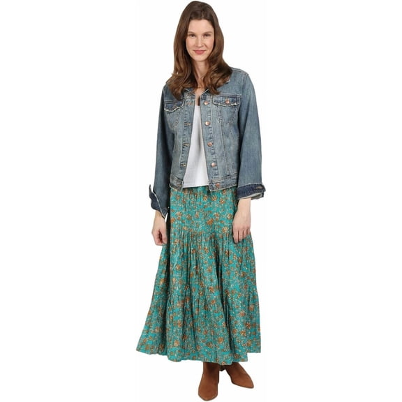CATALOG CLASSICS Womens Reversible Boho Maxi Skirt - Patchwork Floral Long Skirt, 36" L - Gold/Green - Medium