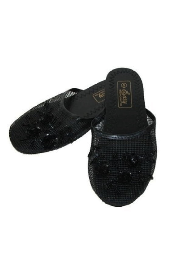 CATAN Women's Chinese Mesh Slippers, Black, Size 6 B(M) US
