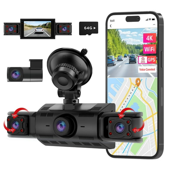 CATCATCH 4 Channel Dash Cam 360 View,4K Front and Rear Dash Camera for Cars,WDR Night Vision,Smart Voice Control,Built-in WiFi&GPS,G-Sensor,24H Parking Mode,Free 64GB SD Card,Suction Cup