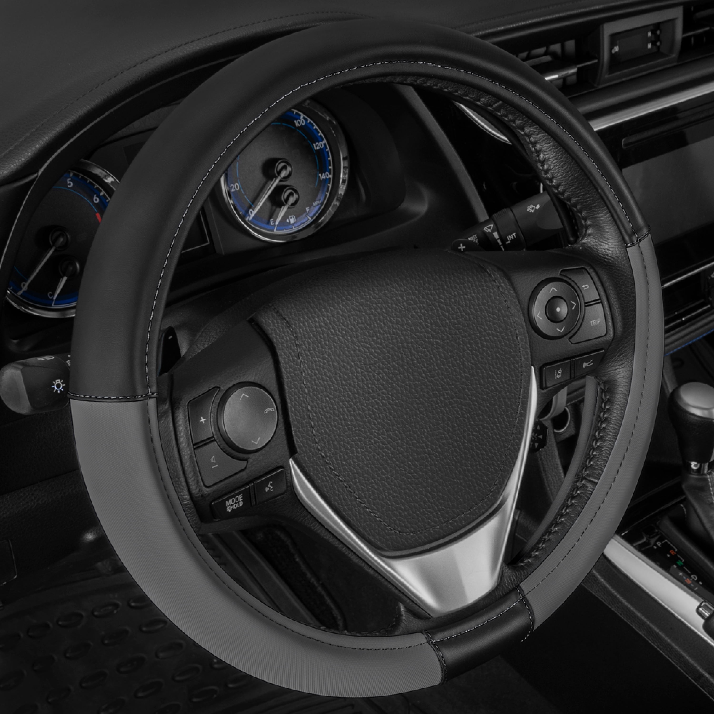 CATERPILLAR Two Tone Ergonomic Soft Leather Grip Steering Wheel Cover - Strong, Durable and Comfortable Universal Size 14.5-15.5" (Dark Gray / Black)
