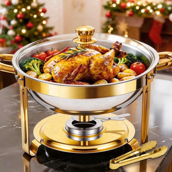 BAOKALER 1 Pack with Tongs 6QT Round Chafing Dish Buffet Set, Warmer with Glass Lid & Gold Stand, Smooth Thick Edge, Easy Clean, Side Lid Rest for Party