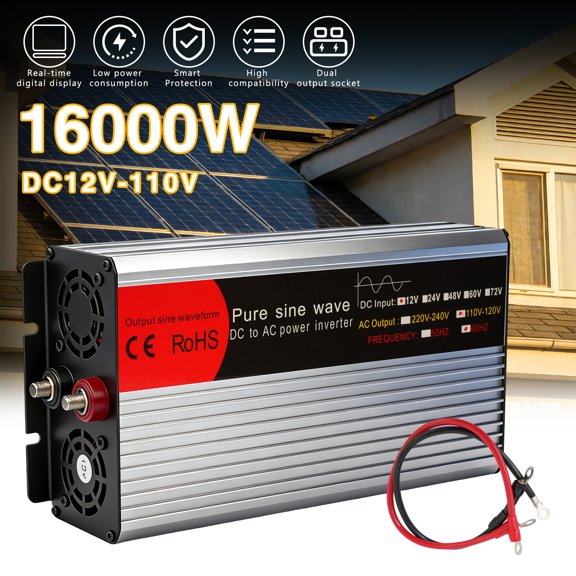 CATGOOD 16000W/1500W Pure Sine Wave Power Inverter DC 12V to AC 110V with LCD Display & Solar Ready