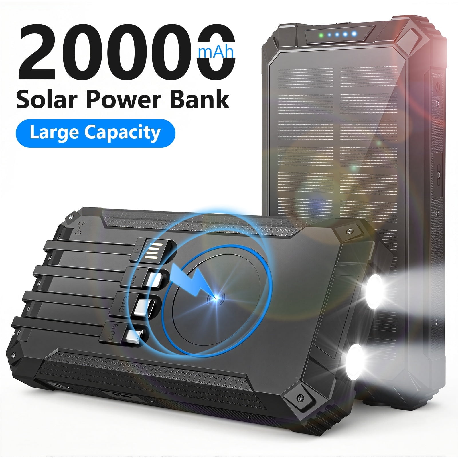 CATGOOD 20000mAh Solar Power Bank, 22.5W Fast Charging Portable Charger with 4 Built-in Cables & 10W Wireless Charging, Travel Battery Pack with Camping Flashlight(Black)