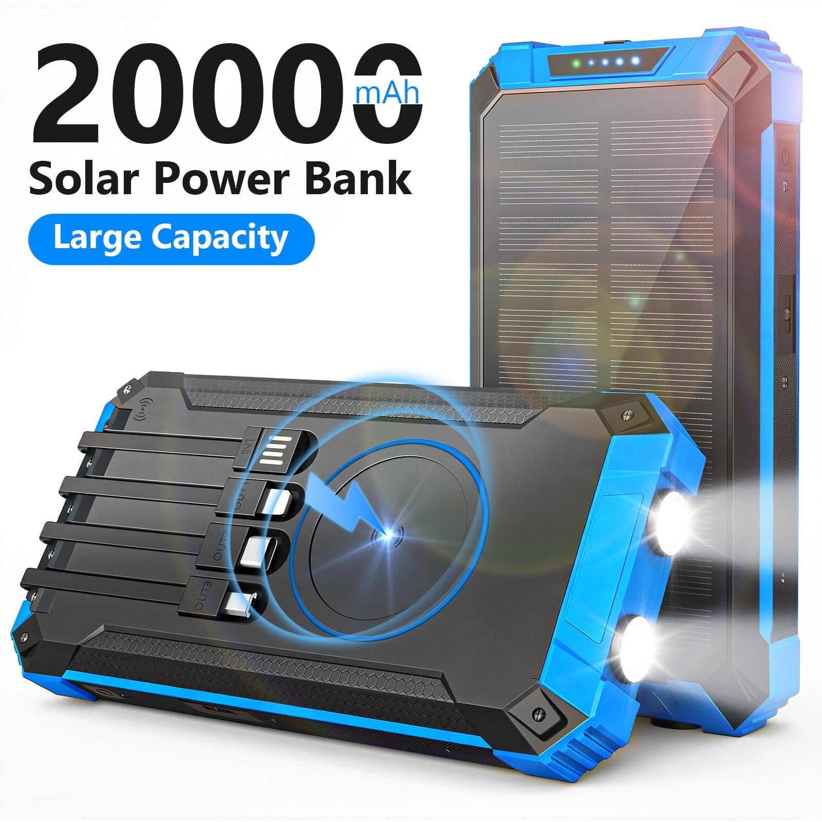 CATGOOD 20000mAh Solar Power Bank, 22.5W Fast Charging Portable Charger with 4 Built-in Cables & 10W Wireless Charging, Travel Battery Pack with Camping Flashlight(Blue)