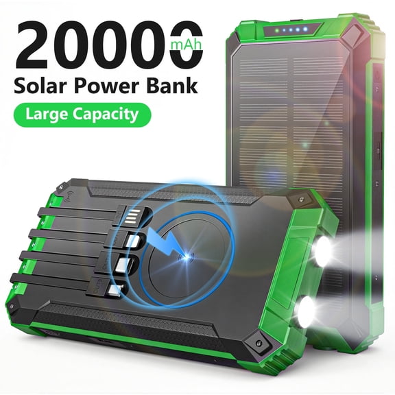 CATGOOD 20000mAh Solar Power Bank, 22.5W Fast Charging Portable Charger with 4 Built-in Cables & 10W Wireless Charging, Travel Battery Pack with Camping Flashlight(Green)