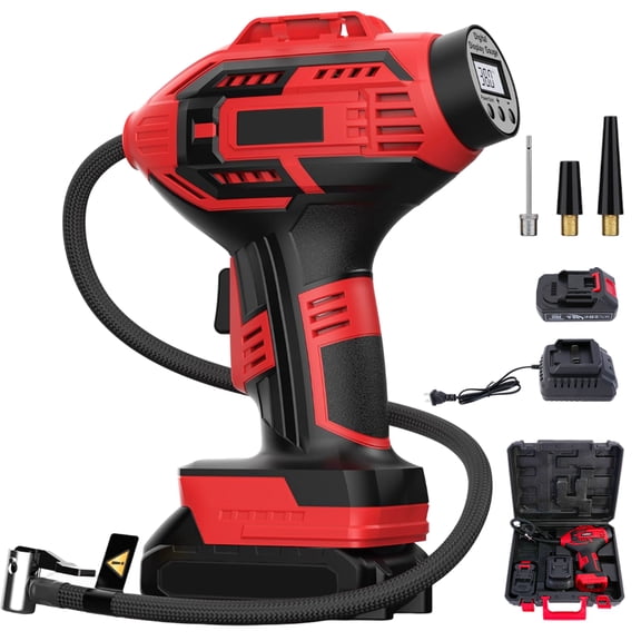 Baokaler Portable Air Compressor Tire Inflator, 20V Cordless Car Tire Pump, Rechargeable Battery Powered Air Compressor w/12V DC Adapter, Digital Pressure Gauge, Red