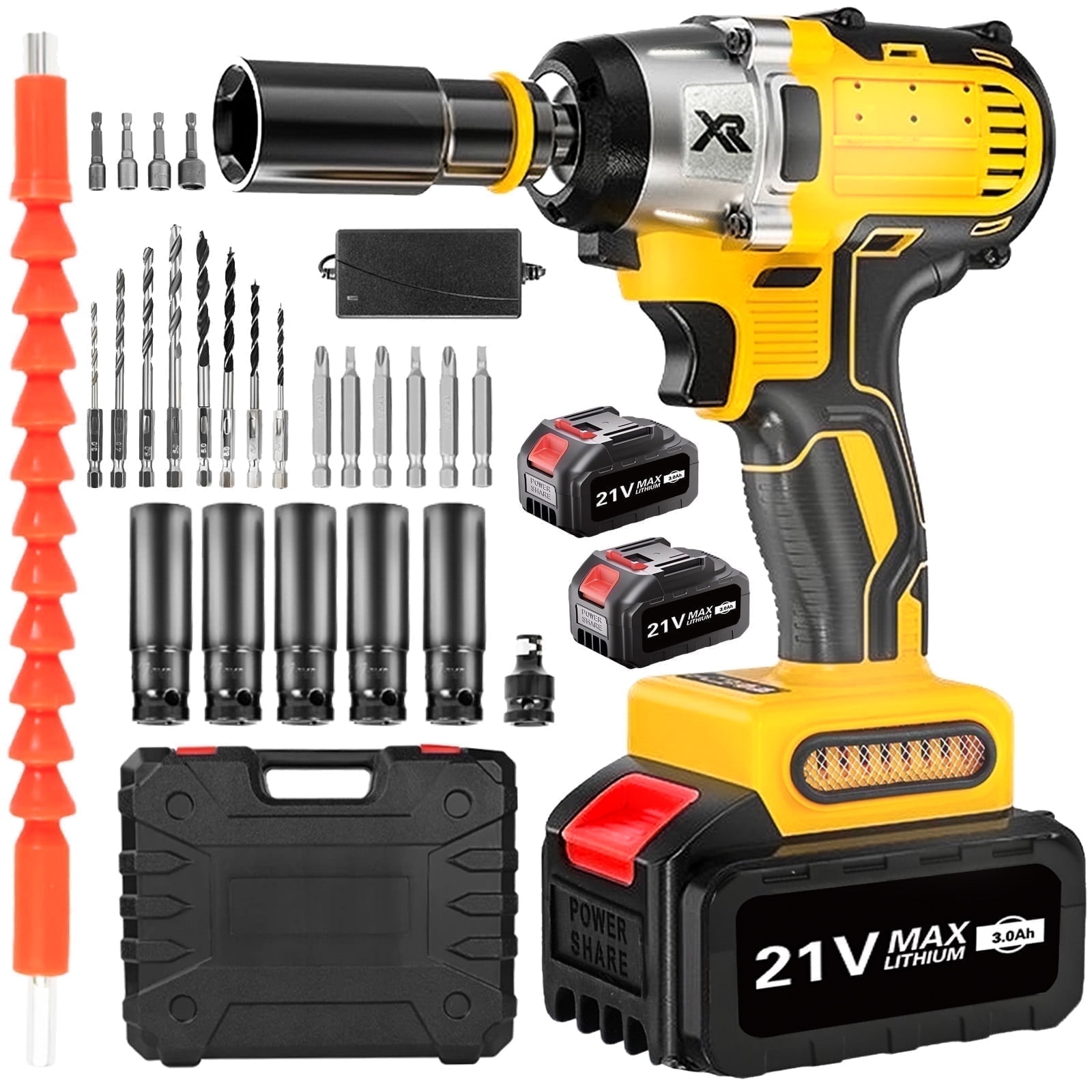 21V Cordless Impact Wrench with 2 Batteries,Brushless Motor 1/2" Impact Drill,Impact Gun Max Torque 280 ft lbs (380N.m),30Pcs Tool Set for Home,Yellow