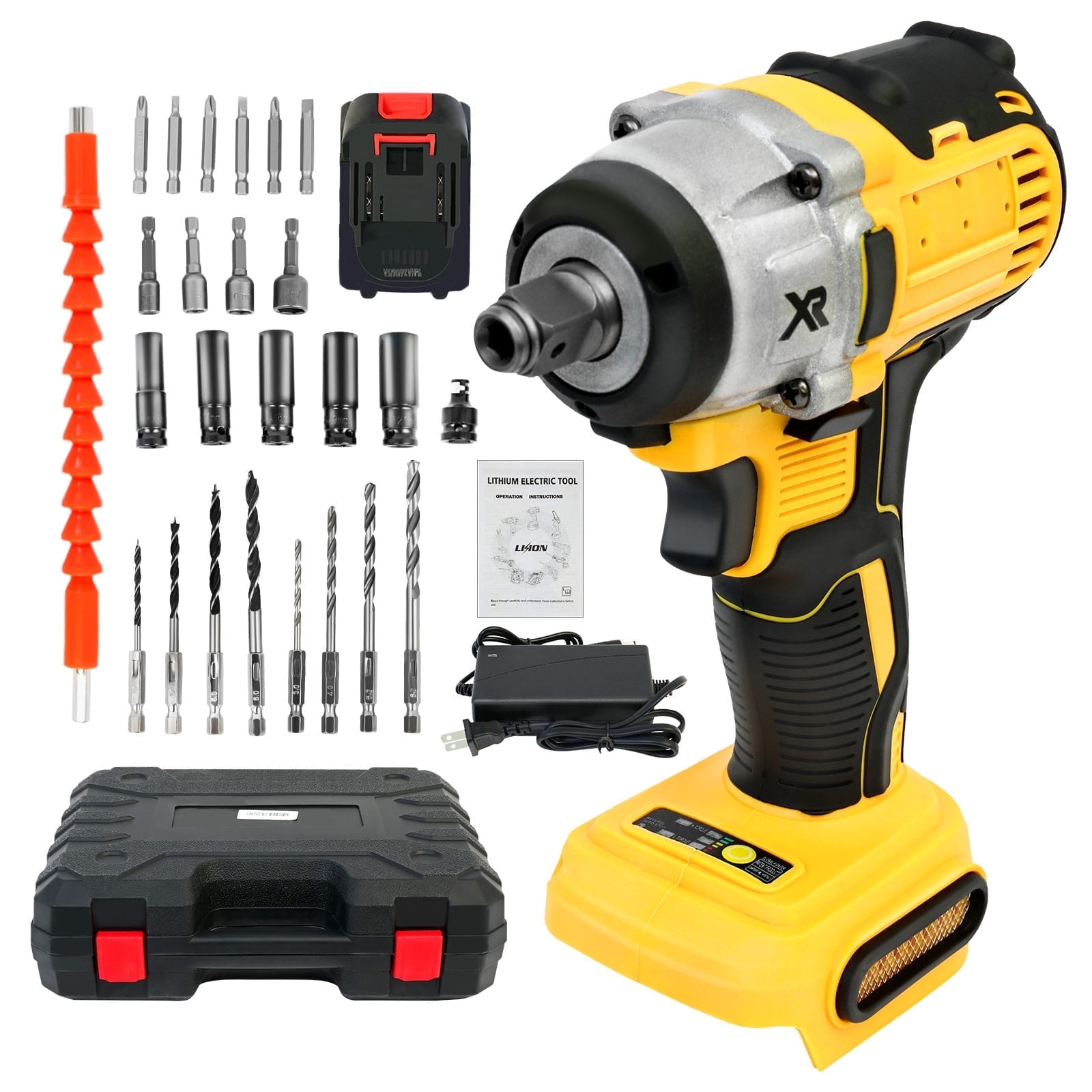 CATGOOD 20V Cordless Impact Wrench with 2 Batteries, 1/2" Impact Drill, Max Torque 280 ft lbs (380N.m), 30 Pcs Tool Set for Home, Yellow