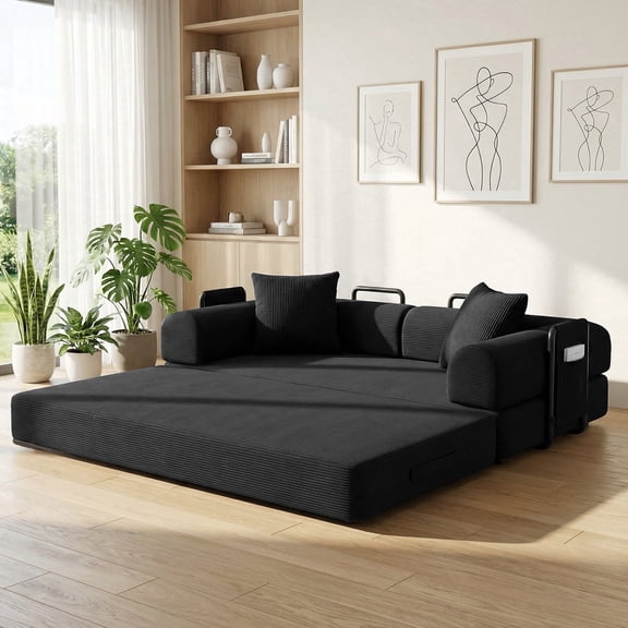 78" Convertible Sofa Bed with Two Storage Bag, Loveseat Couch with High Rebound Density Sponge for Living Room, Tool-Free Setup Love Seat with 2 Pillows, Black