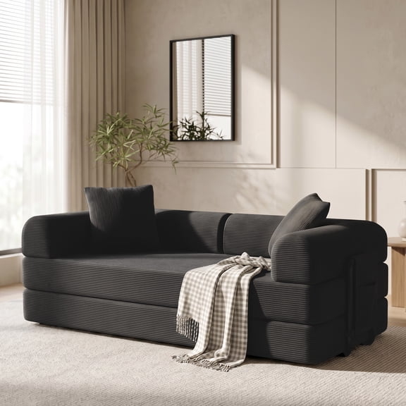 78" Convertible Sofa Bed with Two Storage Bag, Loveseat Couch with High Rebound Density Sponge for Living Room, Tool-Free Setup Love Seat with 2 Pillows, Black
