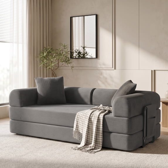 Two Way Sofa Modular Sectional Sofa Couch with Two Storage Bag, Plush Corduroy ...