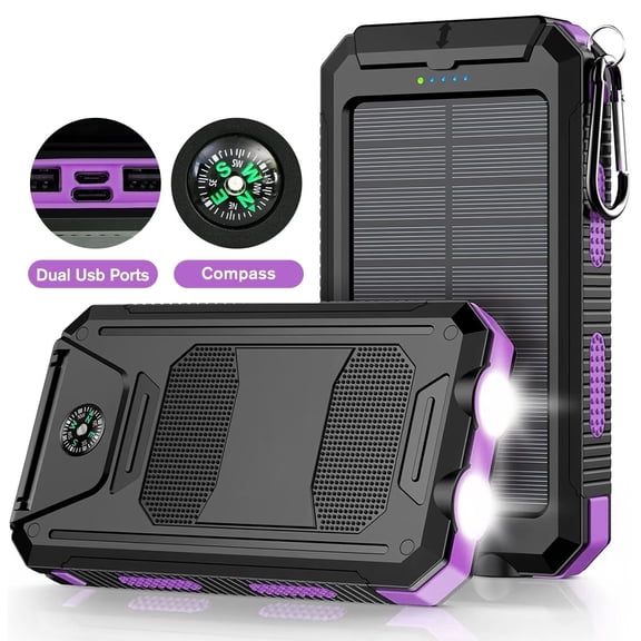 BAOKALER 30000mAh Solar Charger for Cell Phone iPhone, Portable Solar Power Bank with Dual 5V USB Ports, 2 Led Light Flashlight, Compass Battery Pack for Outdoor Camping Hiking(Purple)
