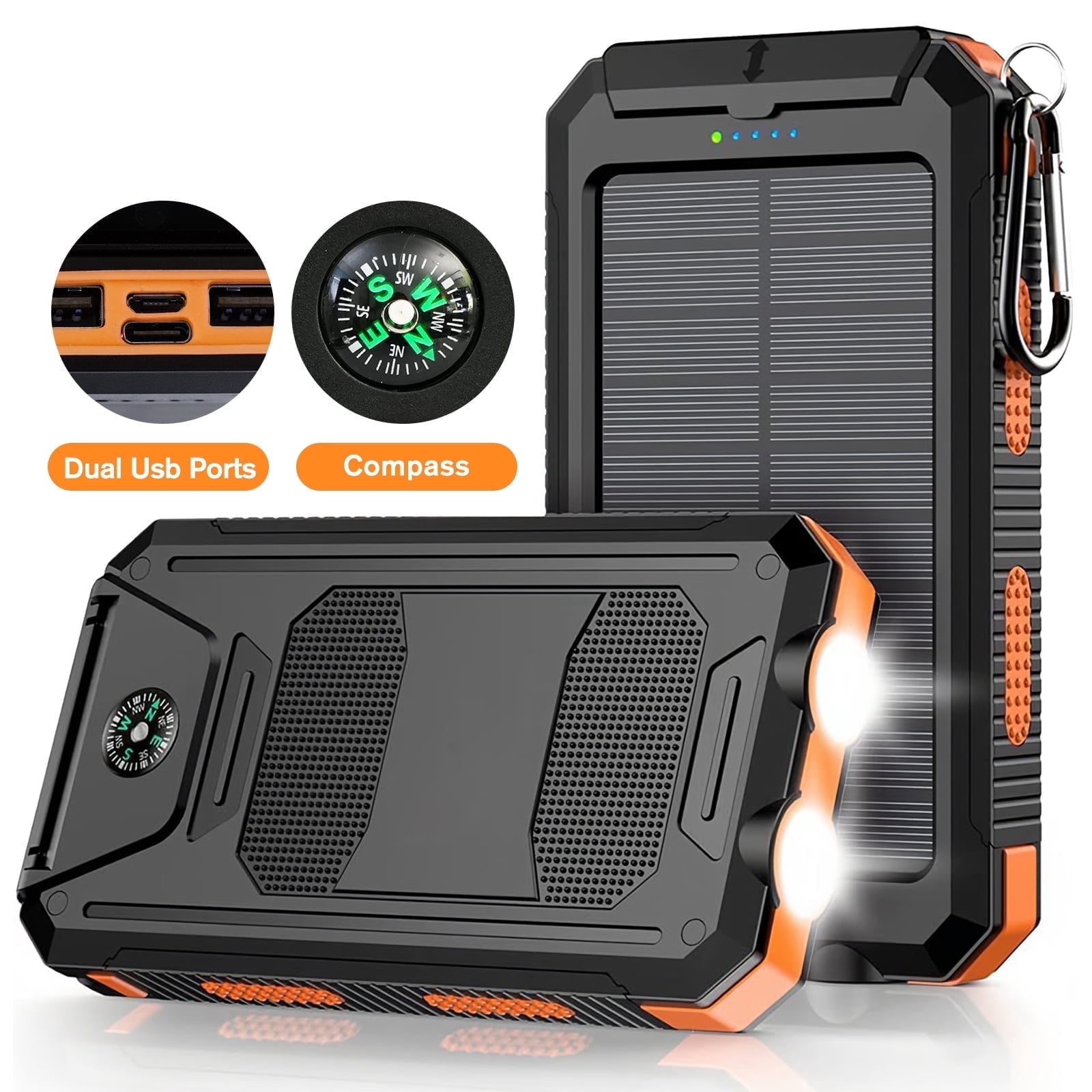 BAOKALER 30000mAh Solar Charger for Cell Phone iPhone, Portable Solar Power Bank with Dual 5V USB Ports, 2 Led Light Flashlight, Compass Battery Pack for Outdoor Camping Hiking(Orange)