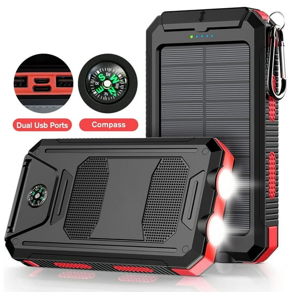 BAOKALER 30000mAh Solar Charger for Cell Phone iPhone, Portable Solar Power Bank with Dual 5V USB Ports, 2 Led Light Flashlight, Compass Battery Pack for Outdoor Camping Hiking(Red)