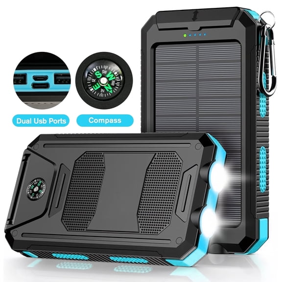 BAOKALER 30000mAh Solar Charger for Cell Phone iPhone, Portable Solar Power Bank with Dual 5V USB Ports, 2 Led Light Flashlight, Compass Battery Pack for Outdoor Camping Hiking(Blue)