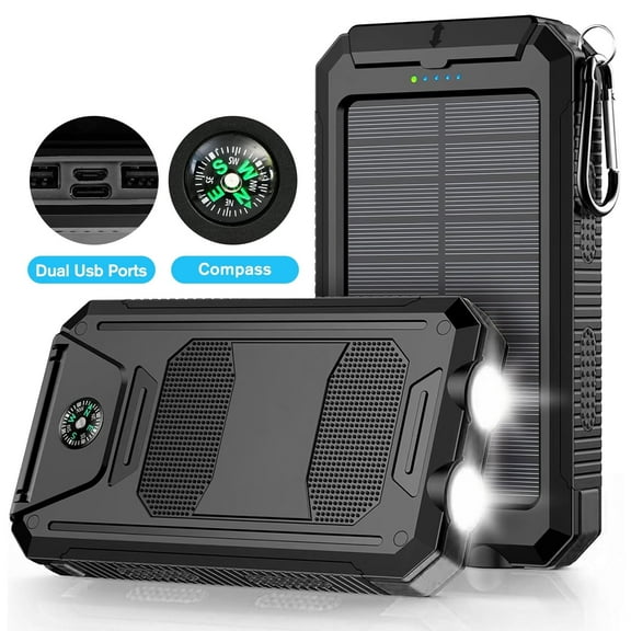 BAOKALER 30000mAh Solar Charger for Cell Phone iPhone, Portable Solar Power Bank with Dual 5V USB Ports, 2 Led Light Flashlight, Compass Battery Pack for Outdoor Camping Hiking(Black)