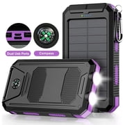 BAOKALER 30000mAh Solar Charger for Cell Phone iPhone, Portable Solar Power Bank with Dual 5V USB Ports, 2 Led Light Flashlight For emergency , Compass Battery Pack for Outdoor Camping HikingPurple