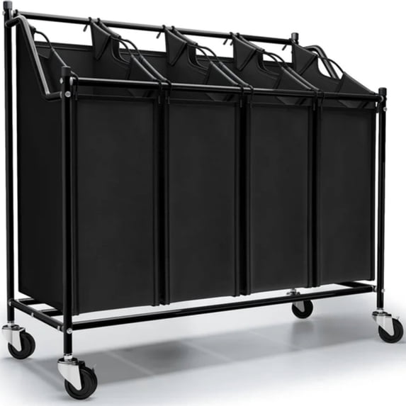 CATGOOD 4 Bag Laundry Basket Sorter Laundry Hamper Cart with Heavy Duty Rolling Lockable Wheels and Removable Bags, Black