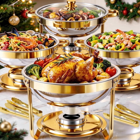 BAOKALER 4 Pack with Tongs 6QT Round Chafing Dish Buffet Set, Buffet Warmers with Glass Lids & Gold Stands, Smooth Thick Edge, Easy Clean, Side Lid Rest for Home Banquet