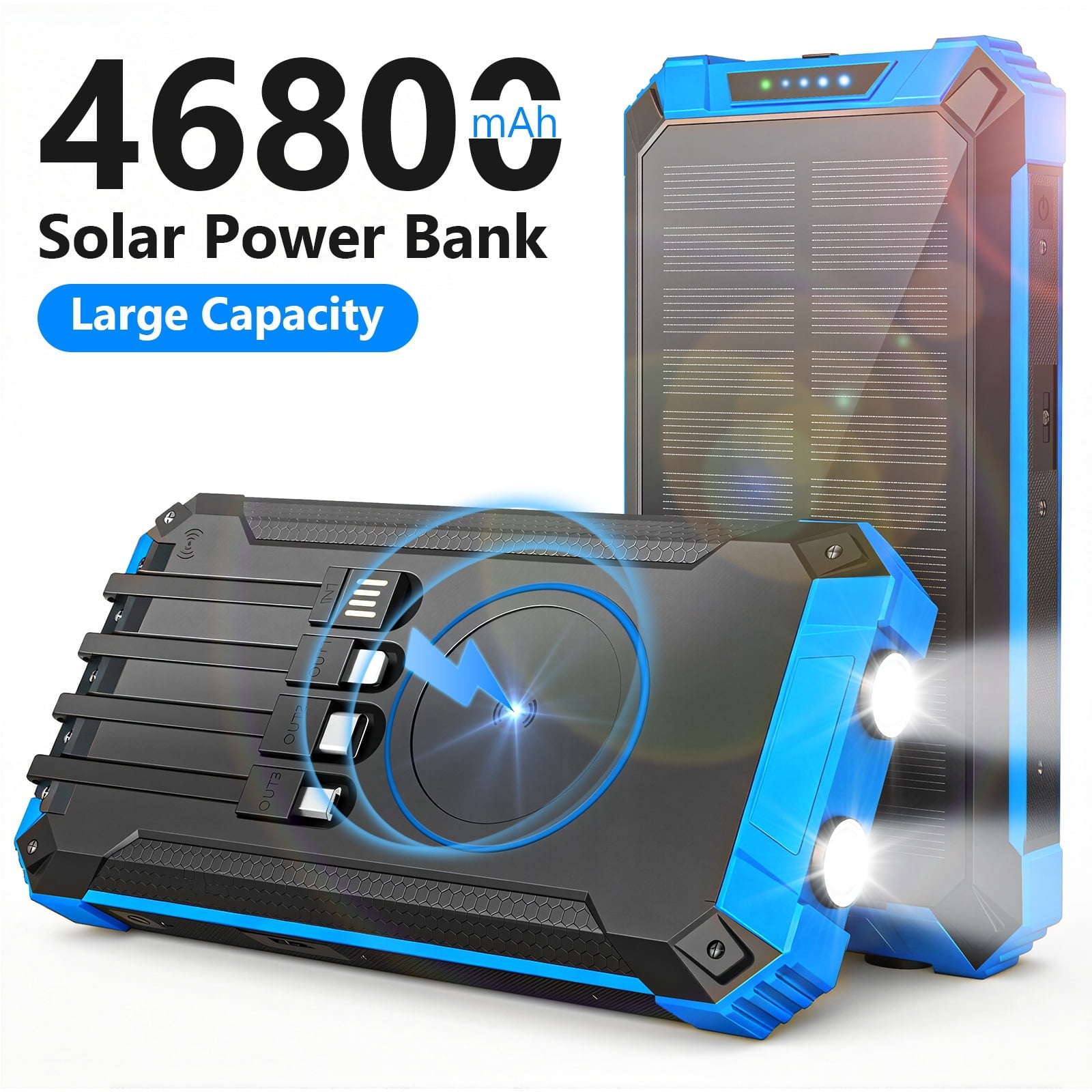 CATGOOD 46800mAh Solar Power Bank, 22.5W Fast Charging Portable Charger with 4 Built-in Cables & 10W Wireless Charging, Travel Battery Pack with Camping Flashlight(Blue)