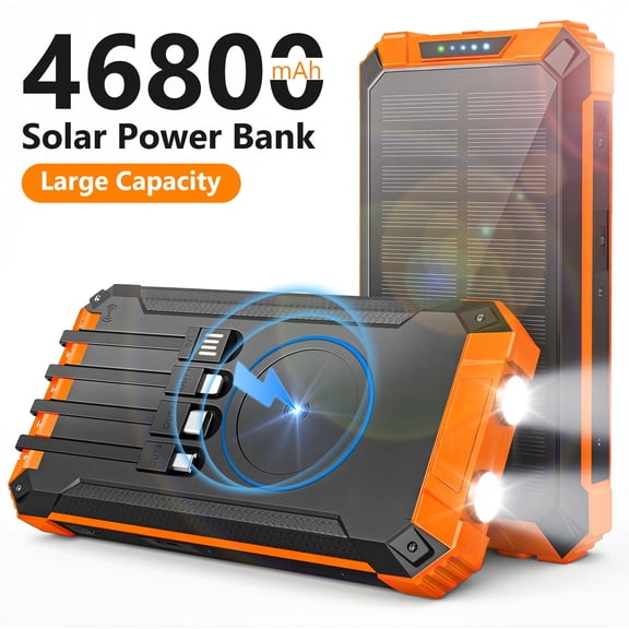 CATGOOD 46800mAh Solar Power Bank, 22.5W Fast Charging Portable Charger with 4 Built-in Cables & 10W Wireless Charging, Travel Battery Pack with Camping Flashlight(Orange)