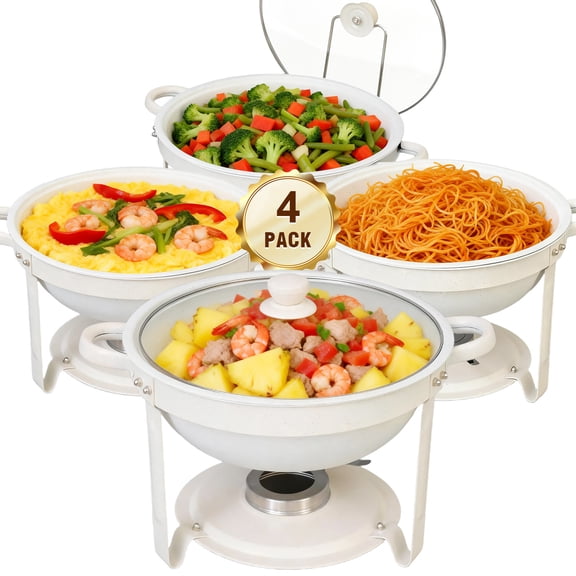 CATGOOD 5.3QT Round Chafing Dishes for Wedding Receptions, Large Parties & Catering, White Maifanite Food Warmers, Stackable with Lid Holder, 4-Piece Complete Buffet Set