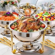 BAOKALER Chafing Dishes for Buffet 4 Pack, 5.3QT Round Chafing Dish Buffet Set for Parties, Gold Stainless Steel Buffet Servers and Warmers with 4 Serving Tongs