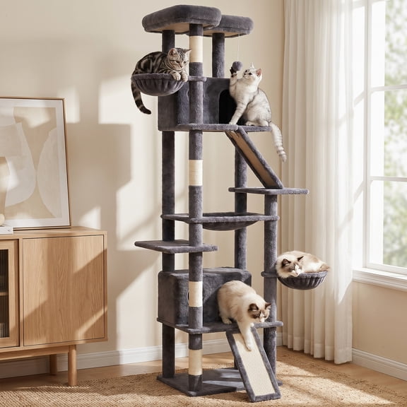 CATGOOD 81" Cat Tower, Big Cat Tree for Multiple Adult Cats, Multi-Level Tall Cat Tree with 2 Platforms, 2 Condos, 2 Hanging Basket, Hammock and Scratching Post for Indoor Kitties, Light Grey