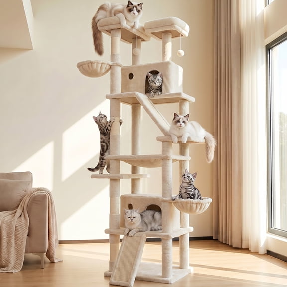 CATGOOD 81" Cat Tower, Big Cat Treefor Multiple Adult Cats, Multi-Level Tall Cat Tree with 2 Platforms, 2 Condos, 2 Hanging Basket, Hammock and Scratching Post for Indoor Kitties, Beige