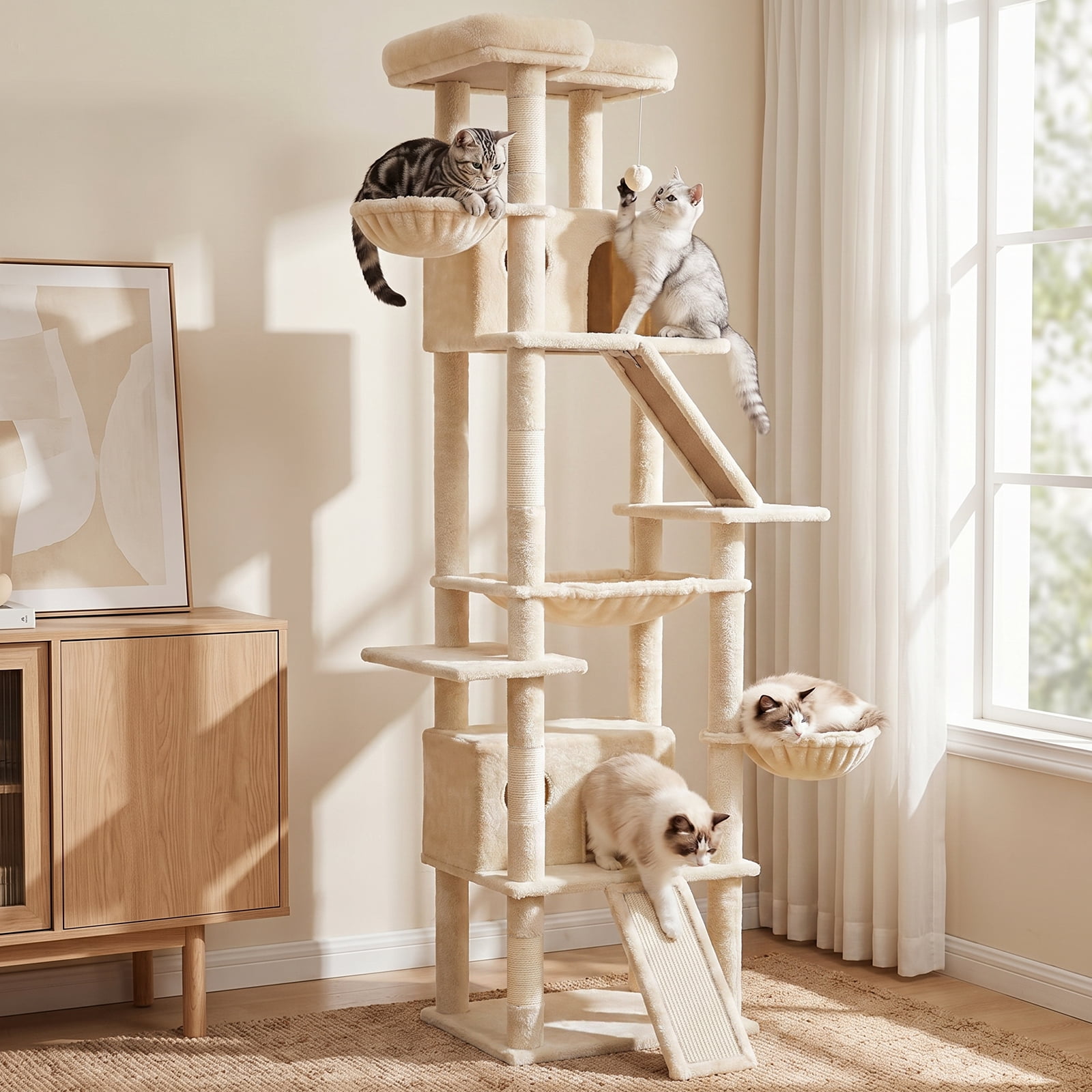 CATGOOD 81" Cat Tower, Big Cat Treefor Multiple Adult Cats, Multi-Level Tall Cat Tree with 2 Platforms, 2 Condos, 2 Hanging Basket, Hammock and Scratching Post for Indoor Kitties, Beige