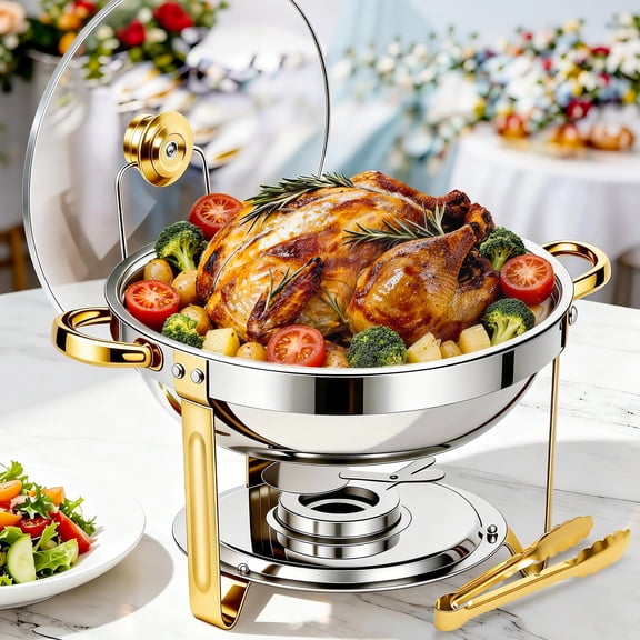 BAOKALER Chafing Dish for Buffet 1 Pack, 5.3QT Round Chafing Dish Buffet Set for Parties, Gold Stainless Steel Buffet Server and Warmer with 1 Serving Tong