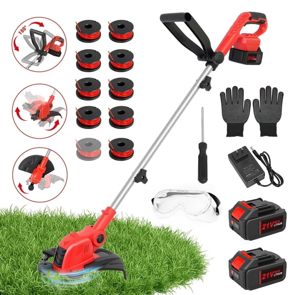 CATGOOD 2AH String Trimmer and Lawn Edger 2 in 1, 12" Cordless Weed Eater with Auto Line Feed, 10 Lines and 2 Batteries Contained, Red
