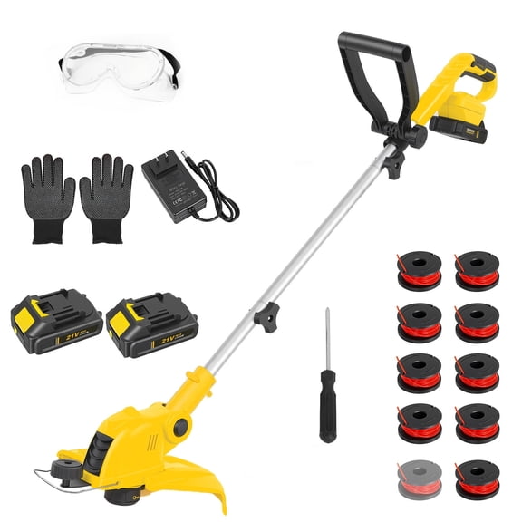 CATGOOD 21V Weed Eater Cordless, 2AH Electric Weed Wacker with 2 Batteries, 3-in-1 Lawn Edger with Auto Line Feed, Foldable String Trimmer with Fast Charger, Yellow