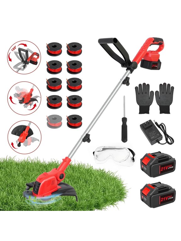 CATGOOD 4AH String Trimmer and Lawn Edger 2 in 1, 12" Cordless Weed-Eater with Auto Line Feed, Weed Trimmer with 2 Batteries, Red