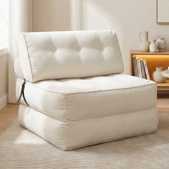 CATGOOD Single Sofa Bed with Pillow, Convertible Sleeper Sofa for Small Spaces, Portable Boneless Small Couch Comfy Floor Sofa Lounge Chair for Living Room, Bedroom, Beige, White