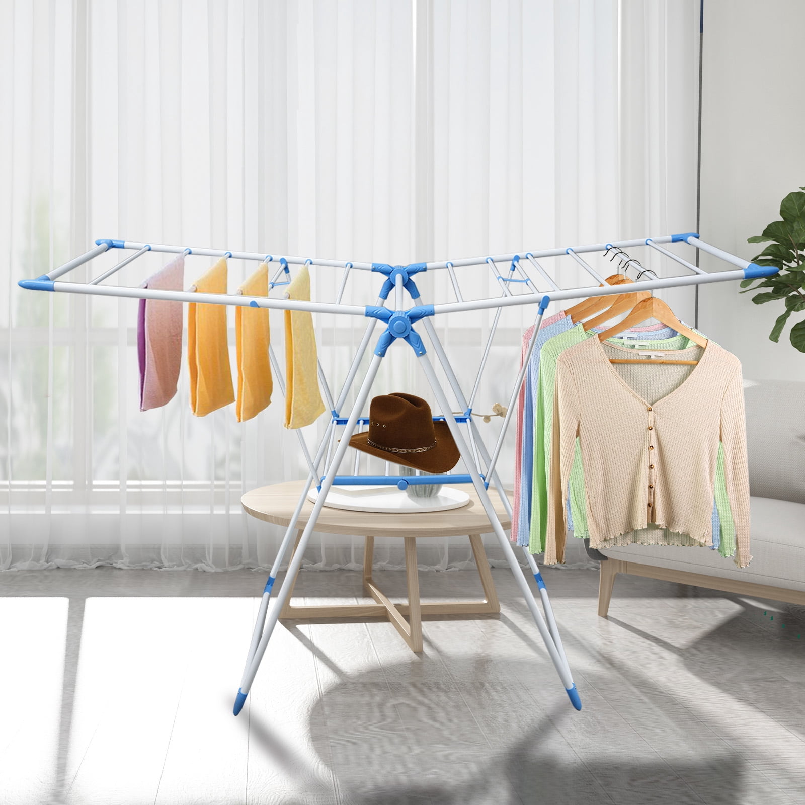 Adjustable Winged Collapsible Clothes Hanger,Space Saving Laundry Clothes Drying Racks,Stainless,Blue